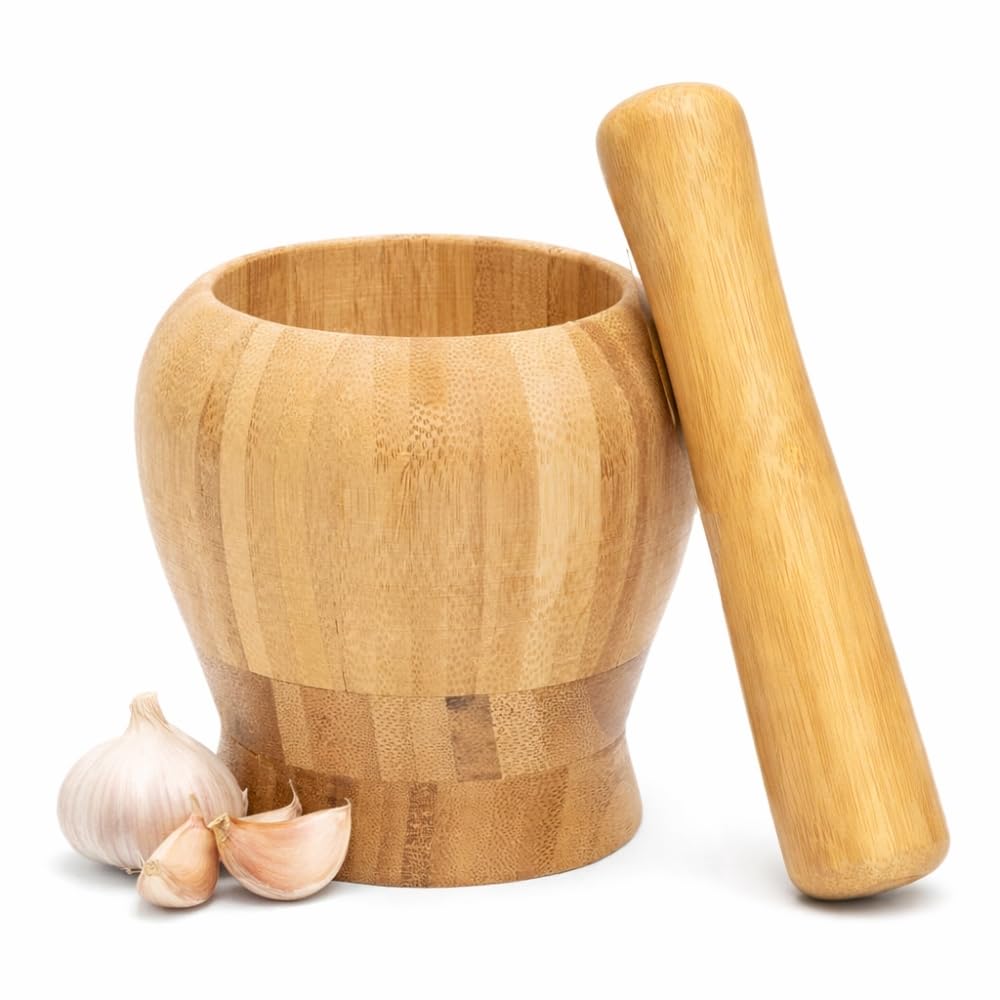 Pilao e Socador de Bambu Amassador de Alho de Madeira Pimenta Temperos Ervas Condimentos Triturador Manual Natural Resistente Facil de Limpar Cozinha Gourmet Utensilio Rustico