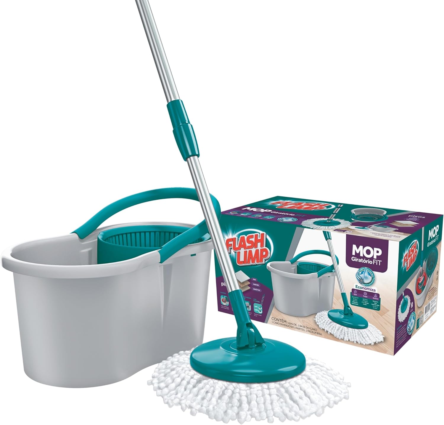 Mop FIT Giratório com 2 refis microfibra, balde com 8 litros, MOP5010, Flash Limp